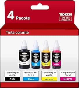 TECKKIN Garrafa de tinta compatível com Canon GI-190 GI190 Compatível com Canon PIXMA G1100 G1110 G2100 G3100 G3102 G3110 G4102 G4110 (4 Botellas)