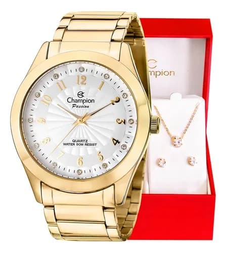 Relógio Champion Feminino Dourado Cn29409d + Colar E Brincos Cor Da Correia Dourado Cor Do Bisel Dourado Cor Do Fundo Branco
