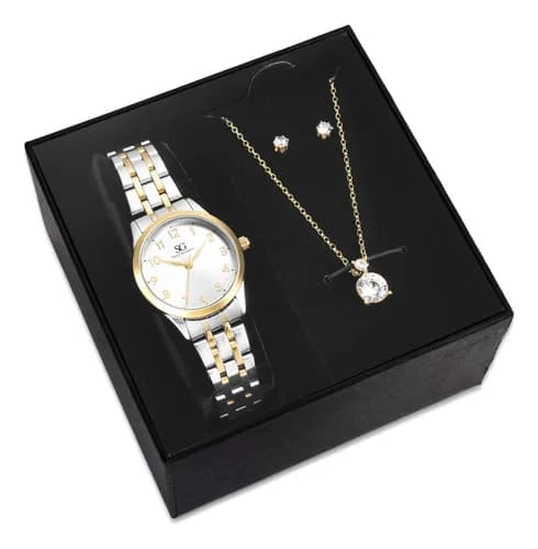 Kit Relógio Colar e Brincos Ponto De Luz Dourado e Prateado Feminino Luxo Saint Germain 28mm
