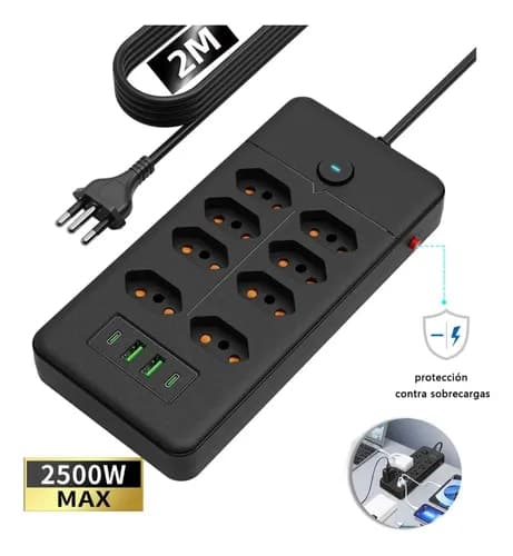 Filtro De Linha Régua Extensão 8 Tomadas E 2 Usb 2 Pd 2500 Watts Equipado Com Um Interruptor De Protecção Automática De Sobrecarga Protetor Elétrico Cabo 2 Metros 10a Cor Preto-afore