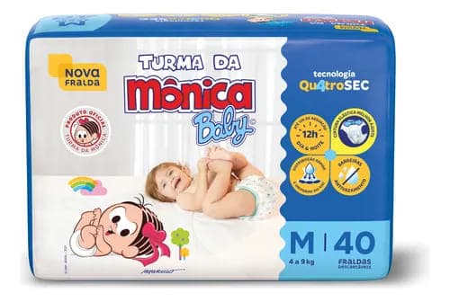Fralda Descartável Infantil Turma da Mônica Baby M Pacote 40 Unidades