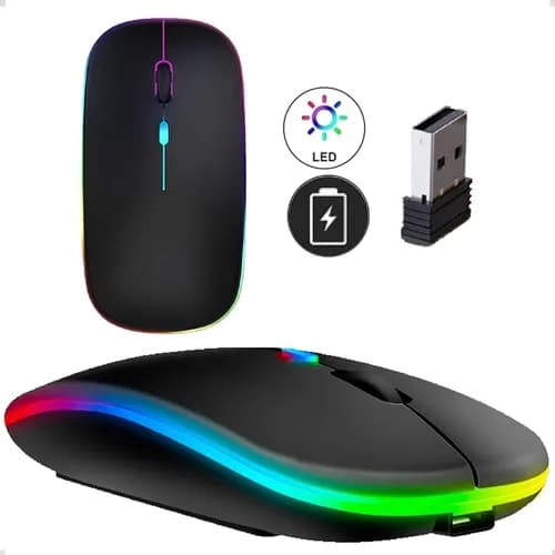 Mouse Sem Fio Recarregável Wireless Optico Led Rgb Ergonômico Sem Fio Para Pc Desktop Notebook Tablet Smartphone Homeroarte Preto
