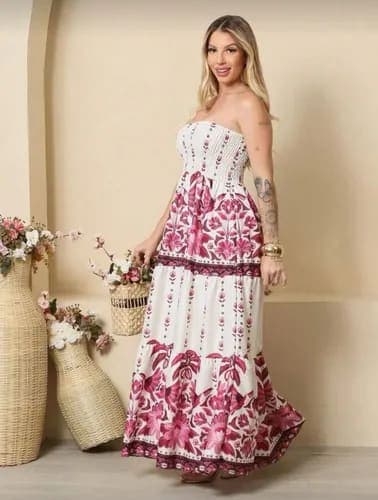 Vestido Flor Tropical Longo Feminino Elástico