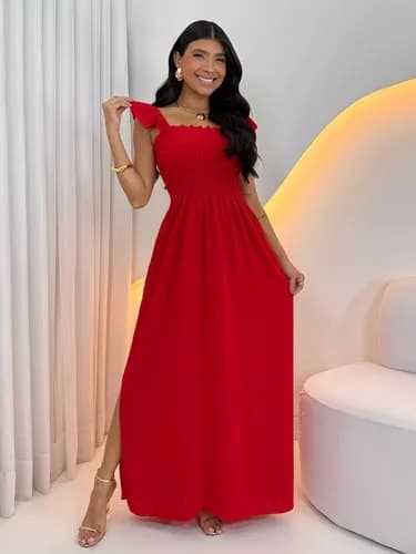 Vestido Longo Feminino Casual Lastex Alcinha Fenda Barato