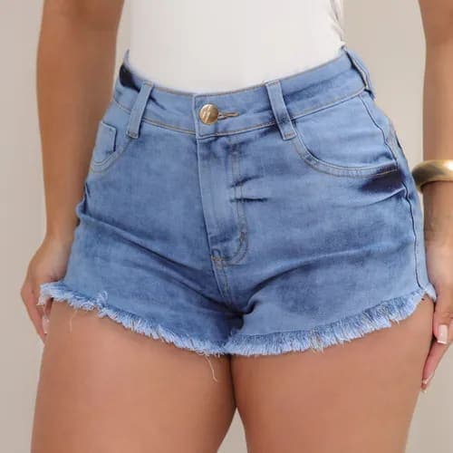 Short Jeans Feminino Cintura Alta Com Lycra Barra Desfiada