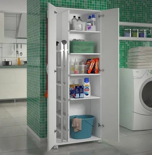 Armário de Lavanderia AJL Madeira Branco 2 Portas com Rodinhas