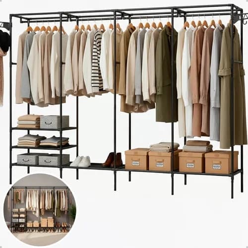 Guarda Roupa Cabideiro Organizador Closet Aberto Desmontavel Arara Divisórias 10 Prateleiras Aço Resistente Preto Irsina