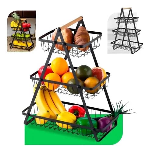 Fruteira 3 Andares Variemas Organizador De Cozinha Multiuso Porta Frutas Legumes Verduras Estrutura Reforçada Aço Preto Cesto Aramado Resistente Compacta Moderna
