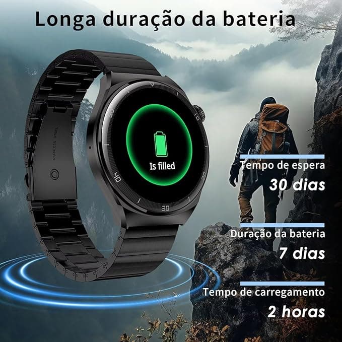Smartwatch Aurafit Relógio inteligente para Homens, Tela Full Touch 1.43"AMOLED, IP68, Compatível com iOS e Android, 110+ Modos Esportivos, Assistente de Voz, Faz e Recebe Ligações