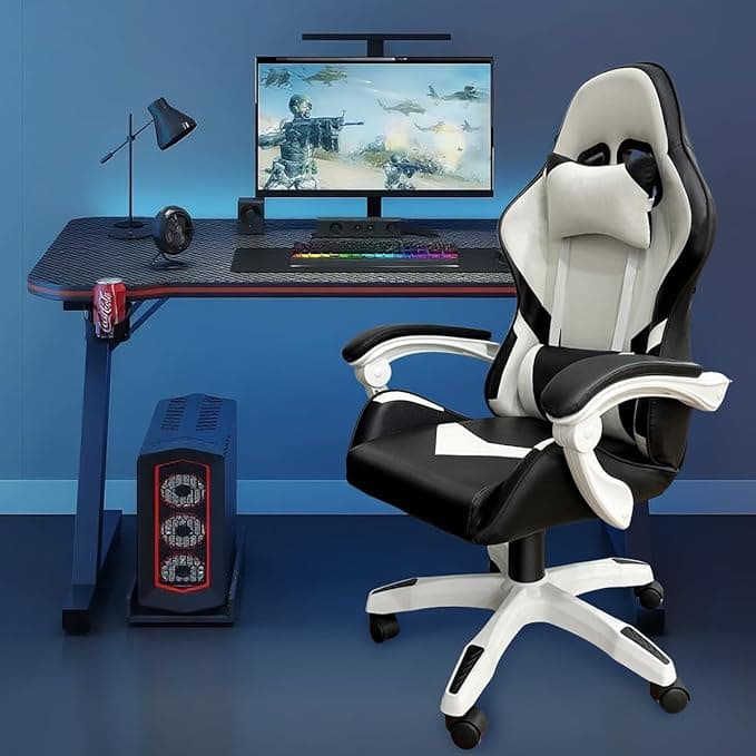 Cadeira Gamer Ergonômica com Ajuste de Altura, Apoio para Cabeça, Reclinação 90°-150° e Rodas 360° - Suporta até 120KG