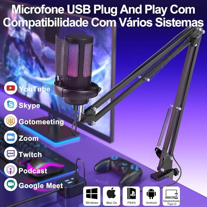 Microfone USB Gaming PC, Microfone RGB para PC/Notebook, Mic with Boom Arm, Microphone Condensador de mesa/Braço, Live, Podcast, Gravação de Audio, Karaoke, Gamer Youtuber DJ